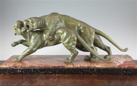 Salvatore Melani (1902-1934). An Art Deco bronze group of two tigers, W.31in. H.13in.